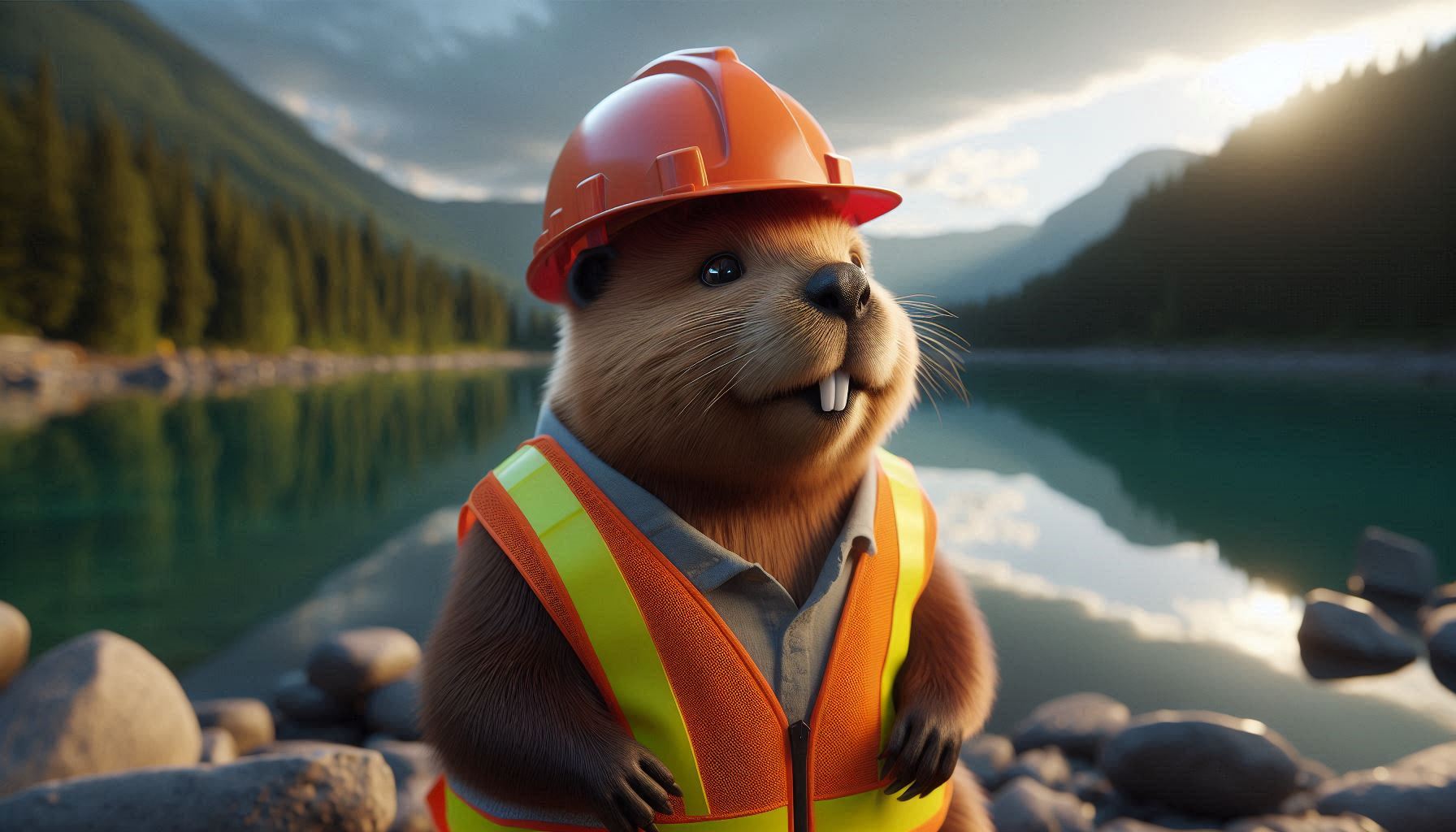 Biber mit Baustellenhelm und Sicherheitsweste, Symbolbild, KI-generiert mit Microsoft Designer