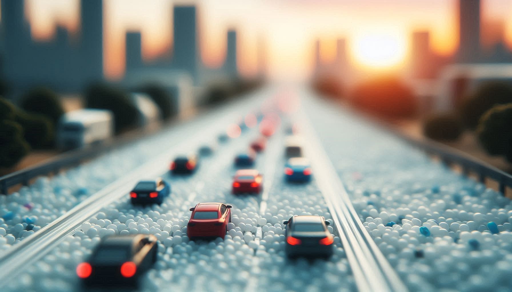 So natürlich nicht: Autos fahren über Plastikgranulat. Erstellt mit Microsoft Designer.